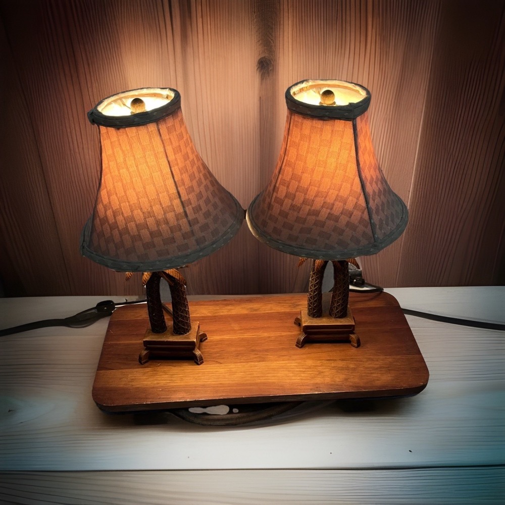Cheyenne Double Palm Tree Vintage 80s Table Lamp Set 16in Hollywood Regency 2pk
